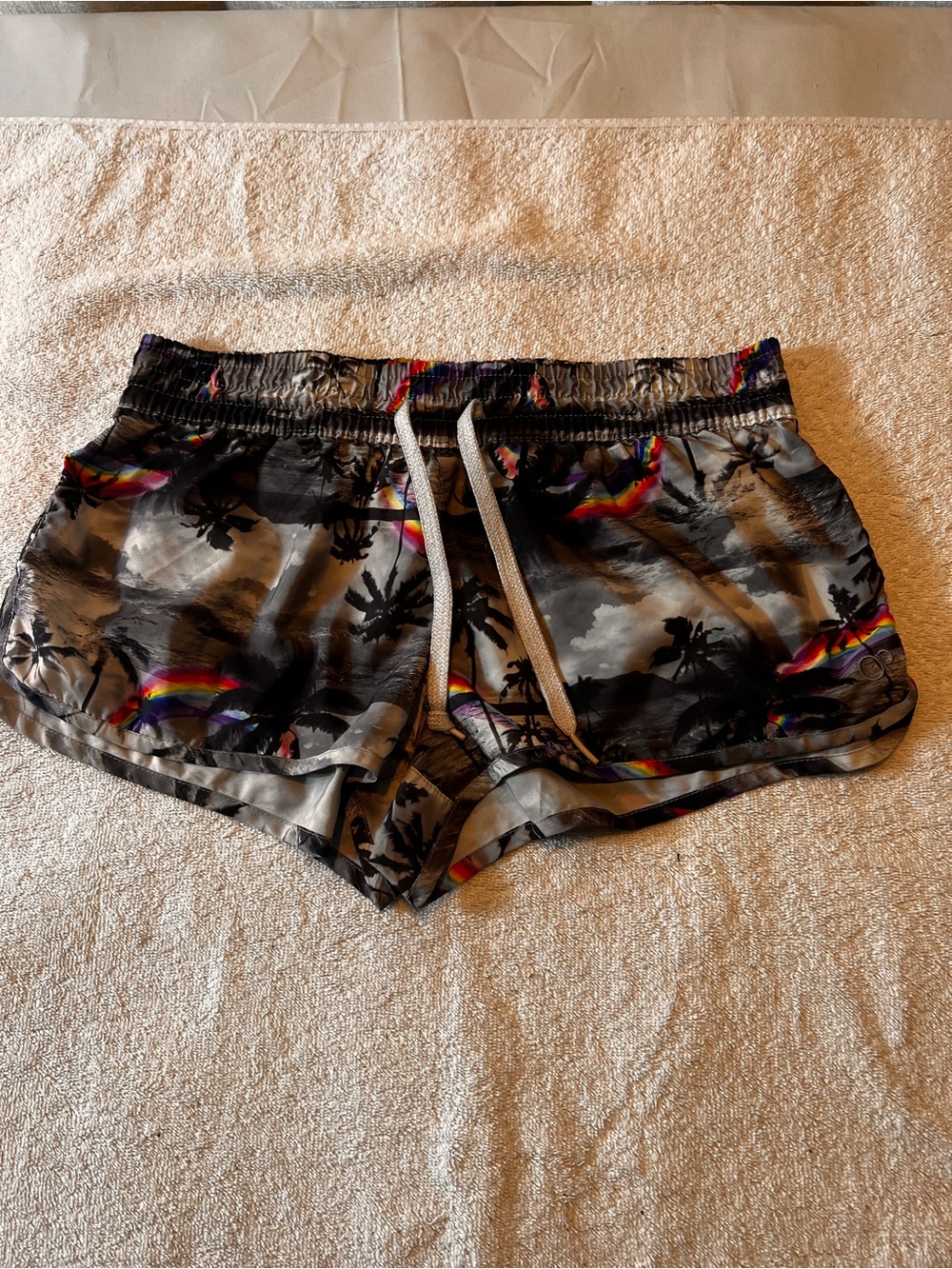 OP Black & Gray Tropical Print Athletic Shorts with Rainbow Trim SZ Large 10-13